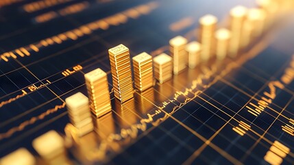 Upward Trending Golden Financial Chart with Abstract Data Visualization
