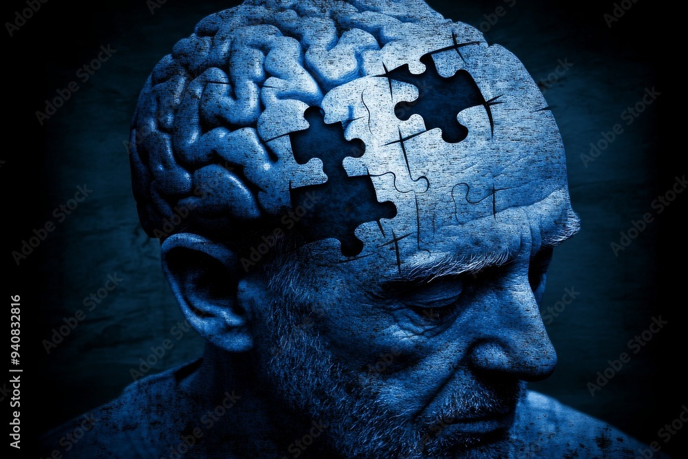 Aufkleber elderly mans profile with puzzle pieces in his brain: exploring memory loss cognitive decline and th