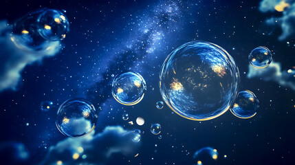 Fototapeta premium Mystical Night Sky Soap bubbles floating under a starry night sky, with the Milky Way and a full moon in the background. The bubbles reflect the stars and moonlight