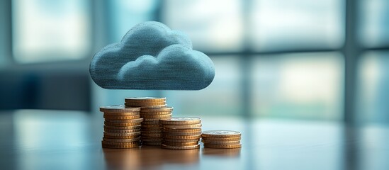 A cloud hovering over stacks of coins, symbolizing finance and digital currency.