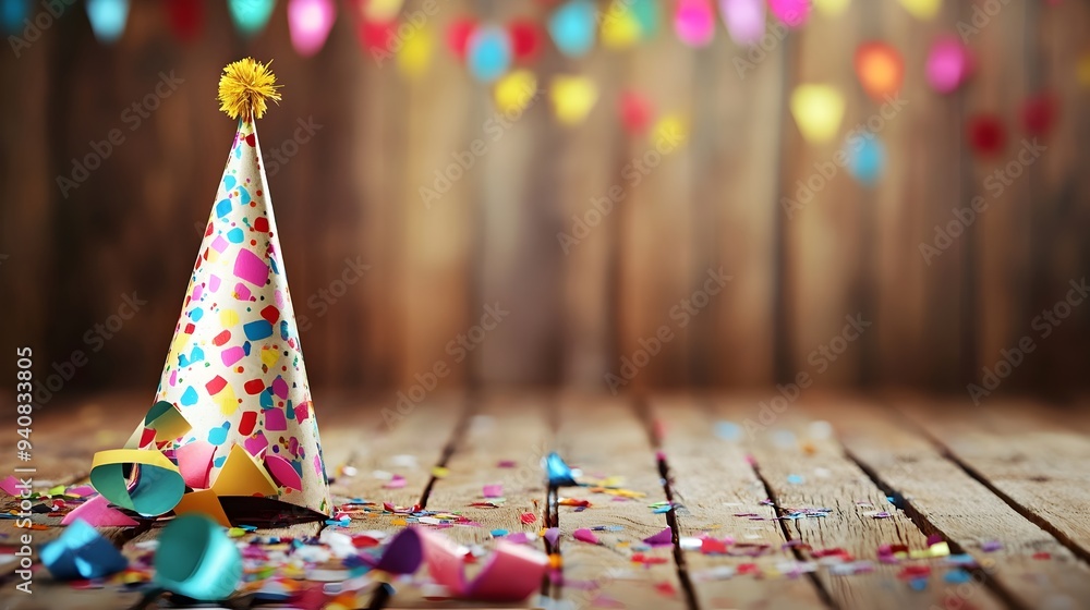 Poster elegant and vibrant birthday party invitation displayed on a festive background leaving copy space f