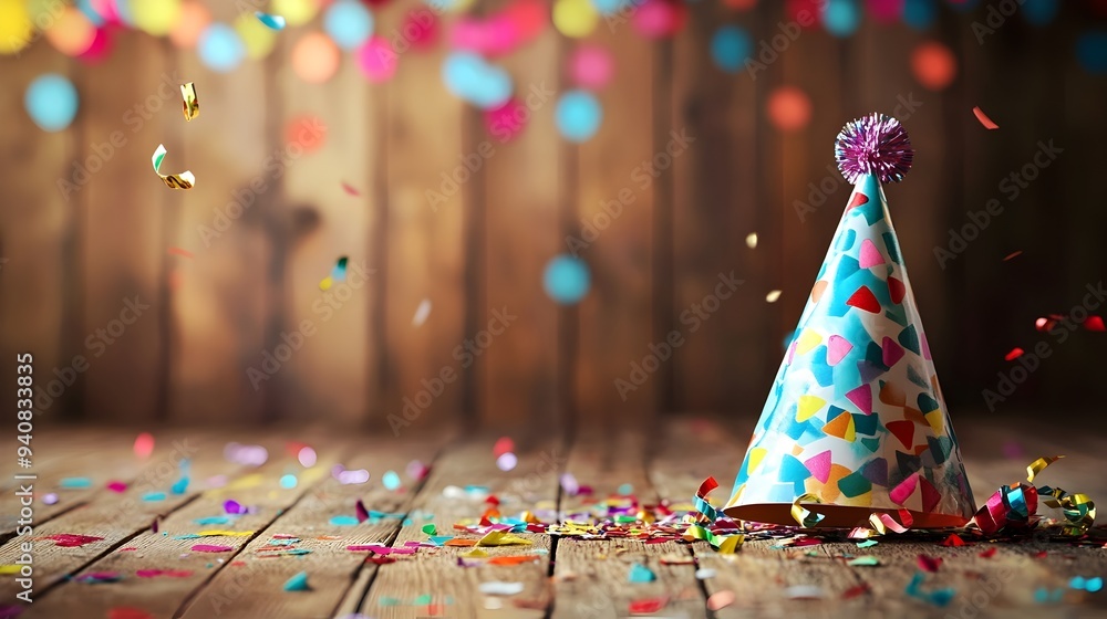 Poster vibrant and colorful birthday party invitation displayed on a festive background with confetti ballo