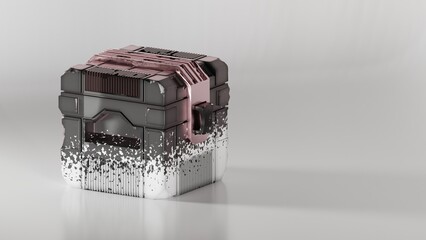Technological sci fi crate isolated on white background, turned half-side up, view from camera at an angle, left-sided composition. Metal box covered with white patina and scratches with pinkish shiny