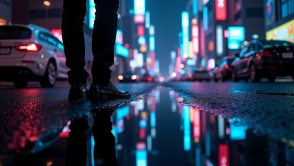 Silhouette of a Person Standing in a Neon-Lit City Street at Night