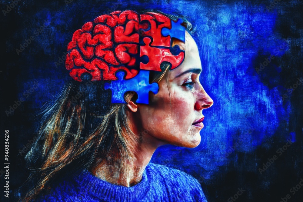 Poster portrait of a woman with puzzle pieces and brain scan overlay: exploring cognitive health mental pro