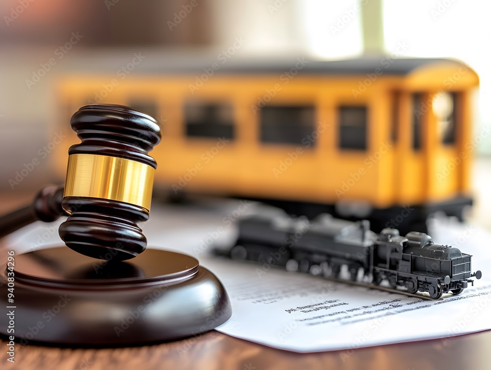 Poster a gavel and model train on a desk, next to a paper document in a modern office setting background
