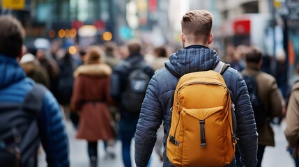 Man with Yellow Backpack Walking in a Crowded City Street