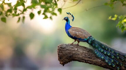 Obraz premium A peacock perched on a tree branch, surrounded by verdant foliage, against a softly blurred backdrop
