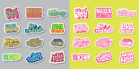 Cool Colorful Short Quotes Vector Stickers. Collection of Hand Drawn Groovy Typography