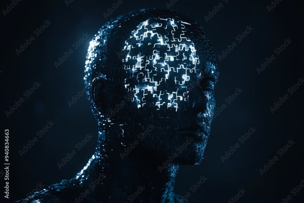 Poster abstract digital head with glowing puzzle pieces: representing the interplay between cognitive thoug