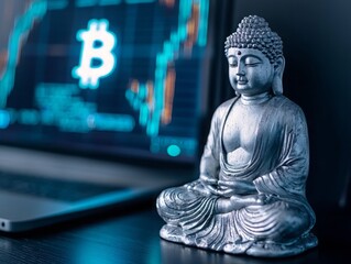 A serene Buddha statue placed next to a laptop, symbolizing tranquility in the fast-paced world of cryptocurrency trading.