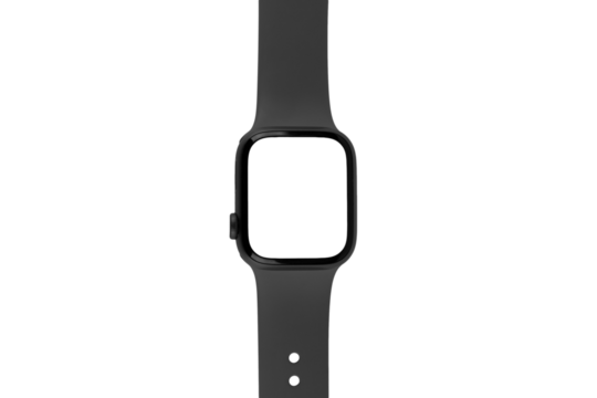 Black smart watch laying on surface isolated no background blanc screen mockup