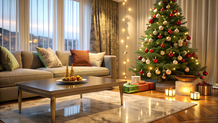 New Year tree with gifts and decorations in the interior of a modern living room