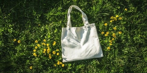 White fabric tote bag laid flat on lush green grass surrounded by yellow flowers, representing eco-friendly and sustainable fashion