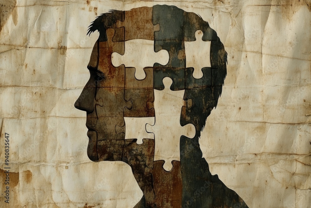 Poster silhouette of a man with puzzle pieces in his head: symbolizing memory cognitive understanding and t