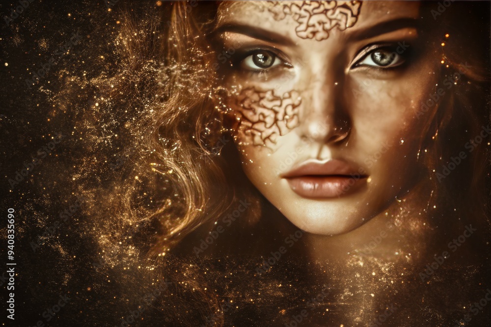 Poster portrait of a woman with glowing face and intricate patterns: exploring the complexity of thought id