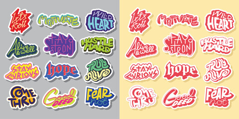 Cool Colorful Short Quotes Vector Stickers. Collection of Hand Drawn Groovy Typography