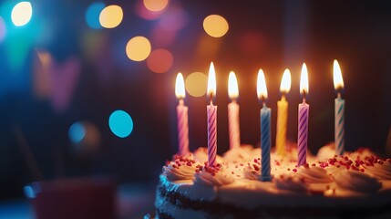 Close up of burning birthday candles flickering atop a mouthwatering elaborately decorated cake surrounded by a lively celebratory atmosphere with copy space for text overlay