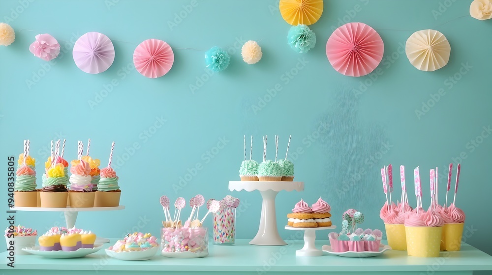 Poster flat lay arrangement of colorful birthday party accessories on a table with copy space for text or d