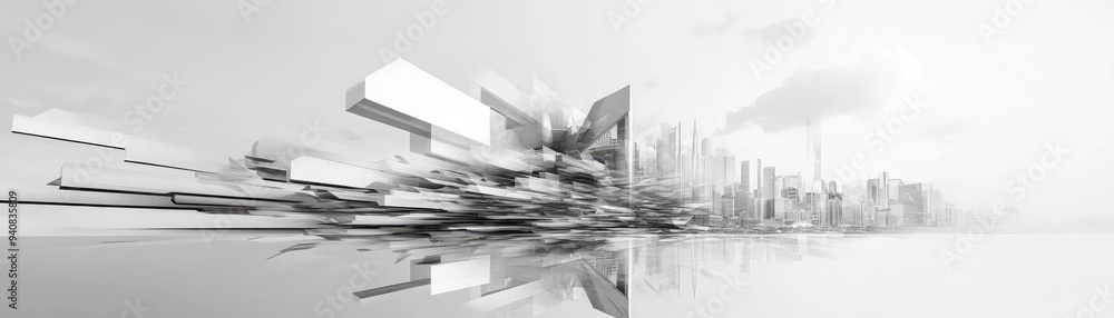 Poster a stunning black and white cityscape blending modern architecture with abstract forms, evoking a sen