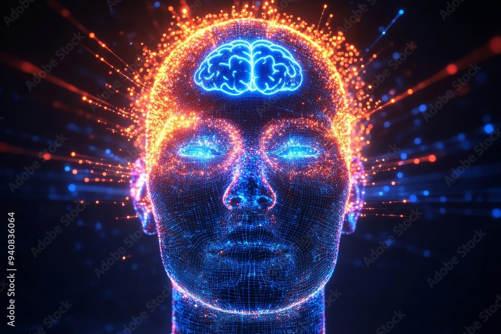 Poster glowing brain in a digital human head with electric pulses: exploring cognitive enhancement neural c