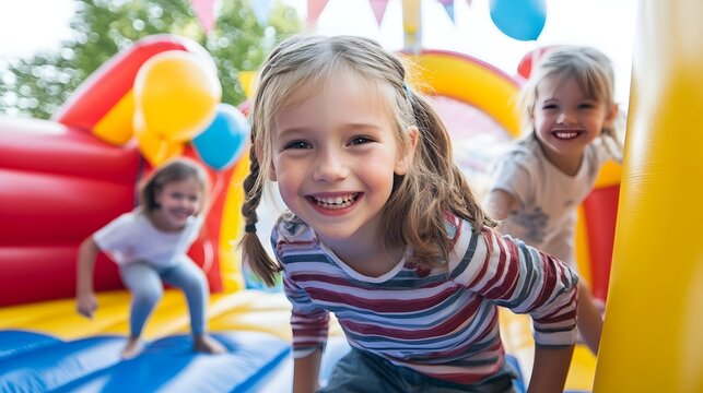 Cheerful Birthday Party with Kids Having Fun Jumping and Playing in a Colorful Bounce House Inflatable with Copy Space for Text