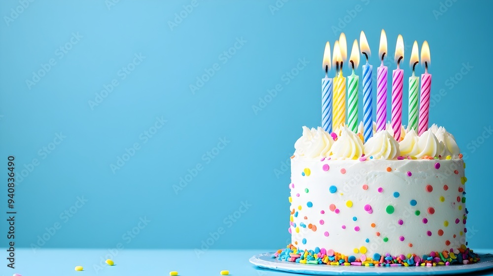 Poster a beautifully decorated birthday cake topped with an array of vibrant colorful candles creating a fe