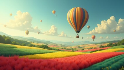 Fototapeta premium Hot Air Balloons Soaring Over Colorful Fields