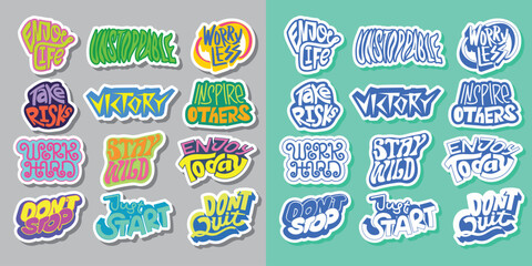 Cool Colorful Short Quotes Vector Stickers. Collection of Hand Drawn Groovy Typography