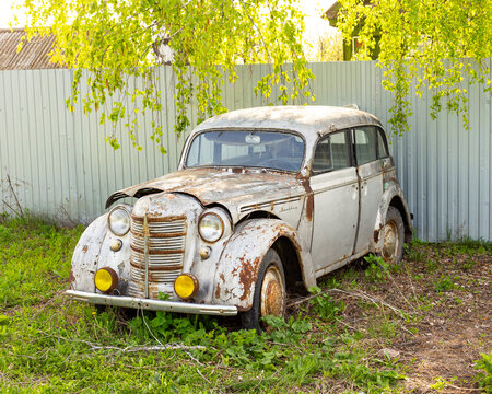 Podgory, Samara Oblast, Russia - May 9, 2022: Moskvich. Old and rusty Soviet car. Abandoned car. 