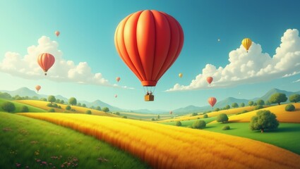 Obraz premium Hot Air Balloons Soaring Over a Lush Green Landscape