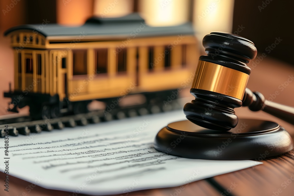 Poster a gavel and model train on a desk, next to a paper document in a modern office setting background