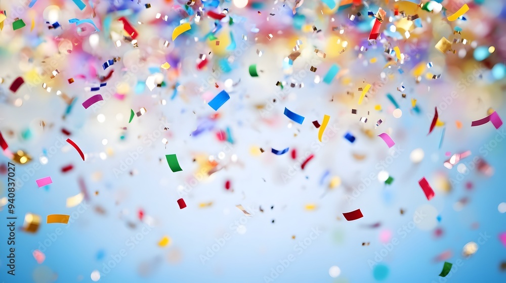 Poster vibrant and joyous birthday party scene with falling multicolored confetti and ample copy space for 