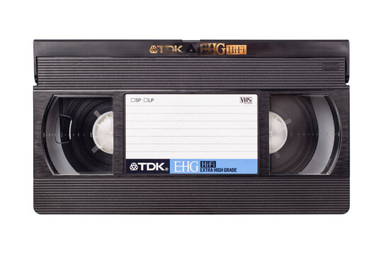 Video cassette isolated on white background. VHS cassette. Cassette for VCR. Retro cassette. TDK E-HG Hi-Fi.