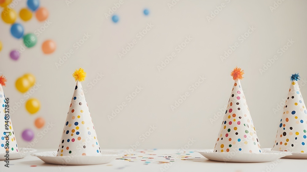 Poster festive birthday party setup with colorful confetti and party hats on wooden table with copy space f