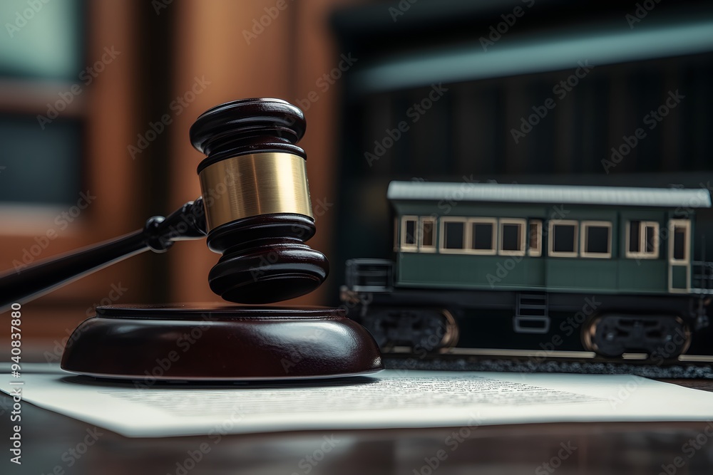 Poster a gavel and model train on a desk, next to a paper document in a modern office setting background