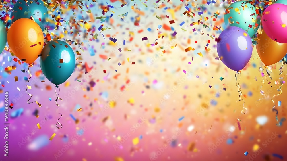 Poster vibrant birthday party with colorful confetti falling from above festive and copy space for message 