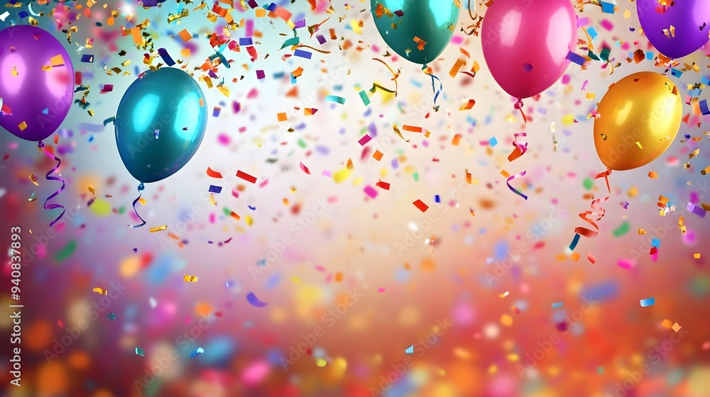 Poster vibrant and celebratory birthday party scene with colorful confetti falling from above providing amp