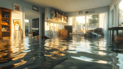 Photorealistic Drama A modern suburban house with rooms fully submerged in water. Furniture, household items, and personal belongings are floating in the water
