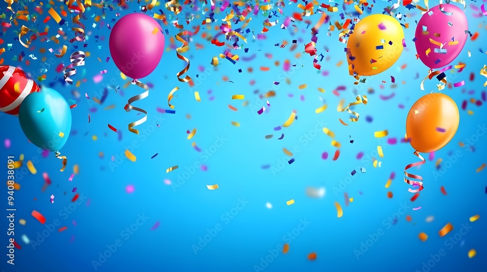 Poster vibrant scene of a birthday party with a cascade of multicolored confetti falling from overhead crea