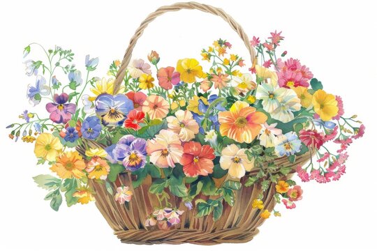 recommend clip art: Vintage-inspired illustration of a charming hanging basket brimming with vibrant flowers, intricately drawn with soft pastels on a white background