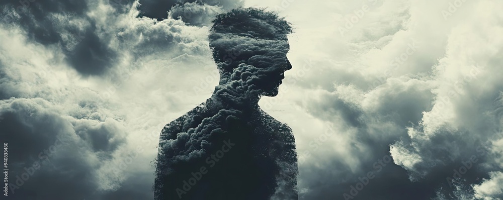 Poster a silhouette of a person merging with clouds, symbolizing introspection and connection with nature's