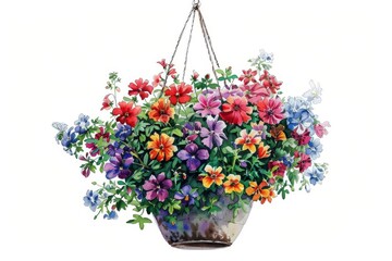 Vintage-inspired illustration of a charming hanging basket brimming with vibrant flowers, intricately drawn with soft pastels on a white background