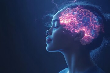 Digital Silhouette of a Woman with a Glowing Brain: Exploring Cognitive Thought Neural Connectivity and the Power of the Mind in a Modern Context