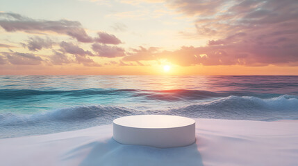 Photorealistic A 3D rendering of a sleek, white podium pedestal set on the sandy shore of a tropical beach, with a breathtaking sunset in the background. The warm hues of the setting sun reflect