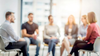 "Support Group Therapy Circle: Blurred Background" - A group of individuals seated in a circle, engaged in a therapy session with a soft-focus backdrop.
