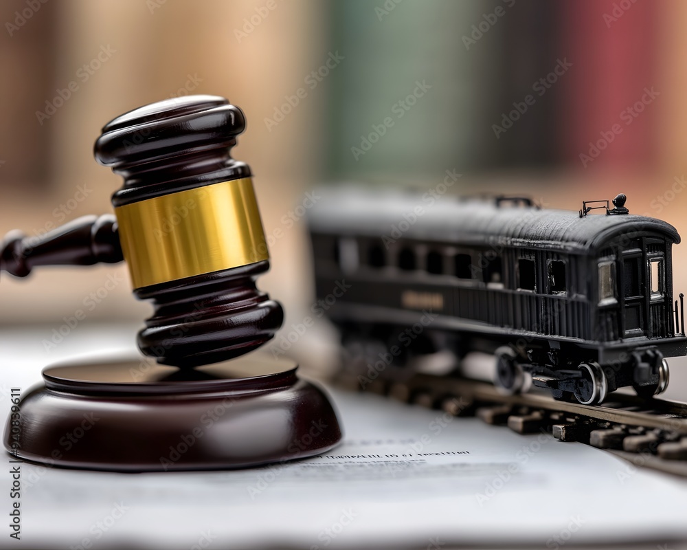 Poster a gavel and model train on a desk, next to a paper document in a modern office setting background