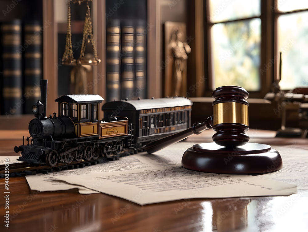 Poster a gavel and model train on a desk, next to a paper document in a modern office setting background