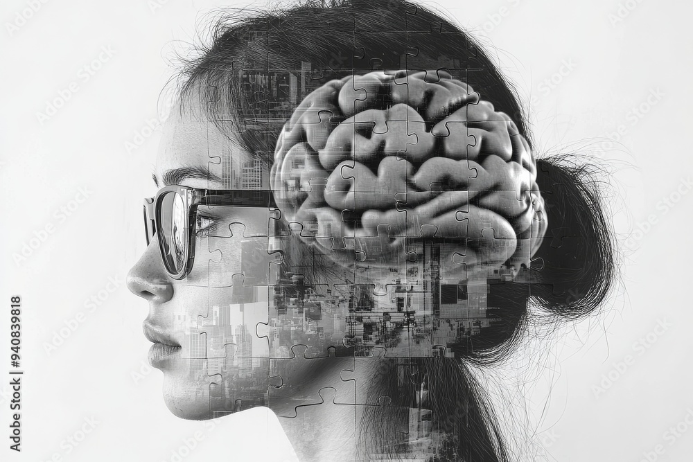 Poster black and white portrait of a woman with a mechanical brain: exploring cognitive thought technology 