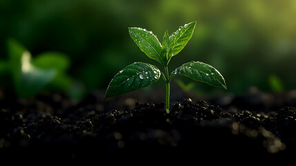 Naklejka premium Photorealistic A close-up of a young plant growing in rich, dark soil, with morning dew glistening on its leaves. The background is a soft blur of green